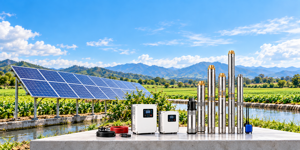 LumeaPump solar pumping equipment with solar panels, controllers and an agricultural landscape