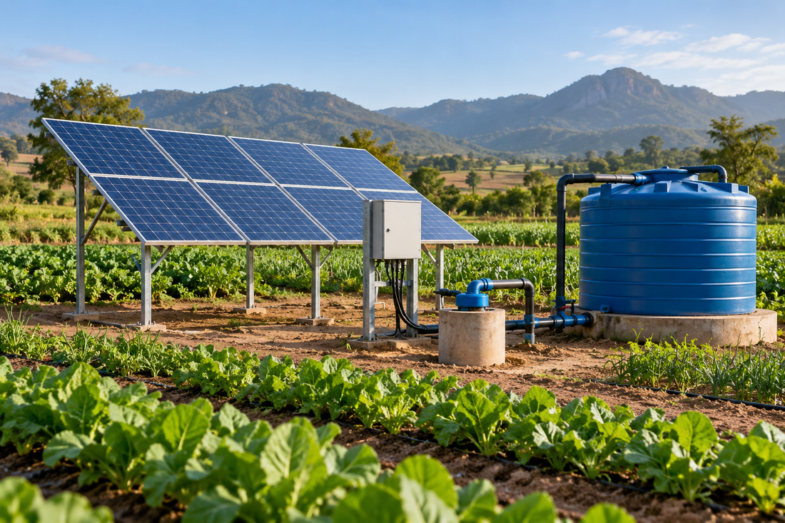 Illustrative solar water pumping installation with panels and water storage
