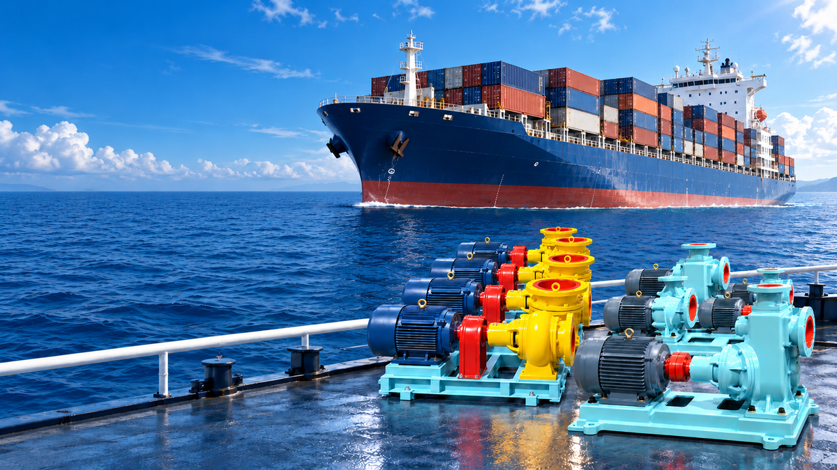 Marine pumps on a ship deck with a container vessel at sea