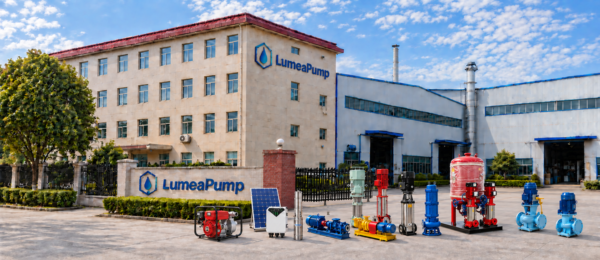 LumeaPump factory with a composite display of solar, irrigation, marine and multistage pumping equipment.