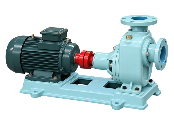Marine bilge pump with a light blue casing, dark motor and red coupling.