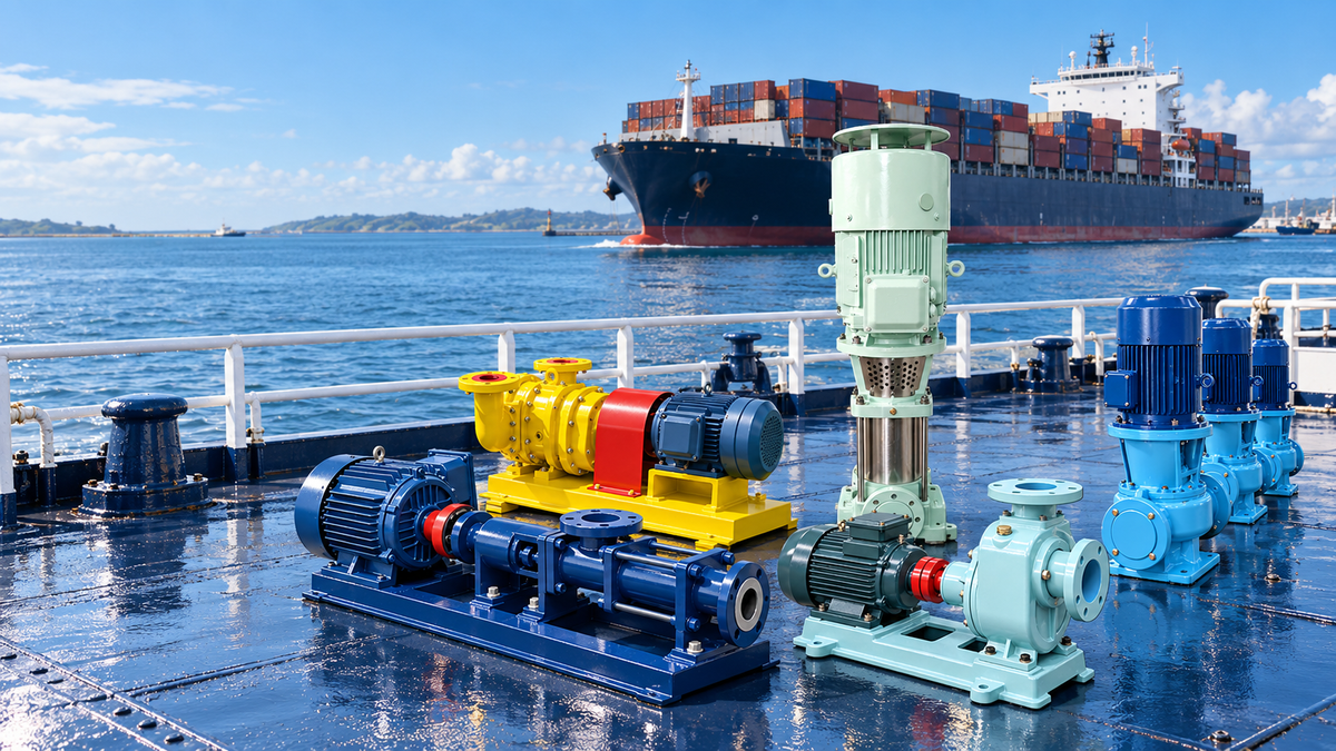 Marine pump range displayed on a vessel deck with a container ship in the background.